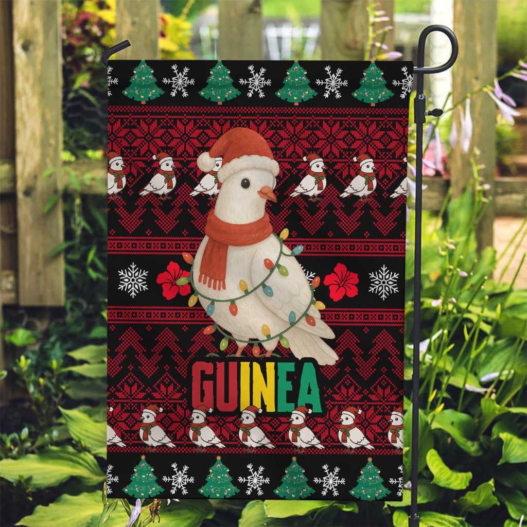 Guinea Christmas Garden Flag with Festive Dove String Lights and Red Black Holiday Pattern - Wonder Print Shop
