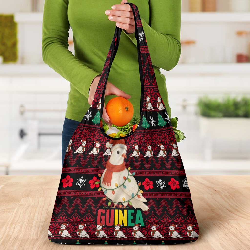 Guinea Christmas Grocery Bag with Festive Dove String Lights and Red Black Holiday Pattern - Wonder Print Shop