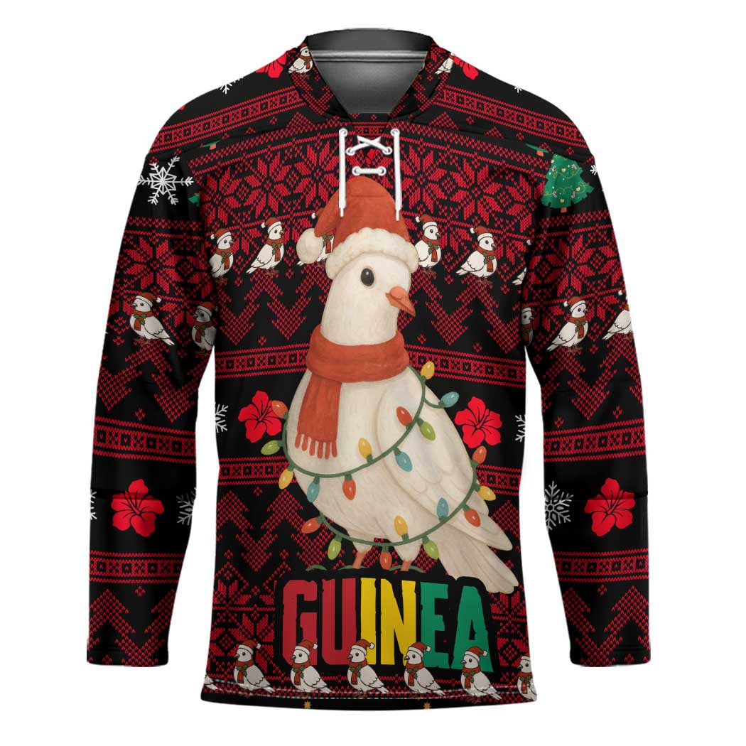 Guinea Christmas Hockey Jersey with Festive Dove String Lights and Red Black Holiday Pattern - Wonder Print Shop