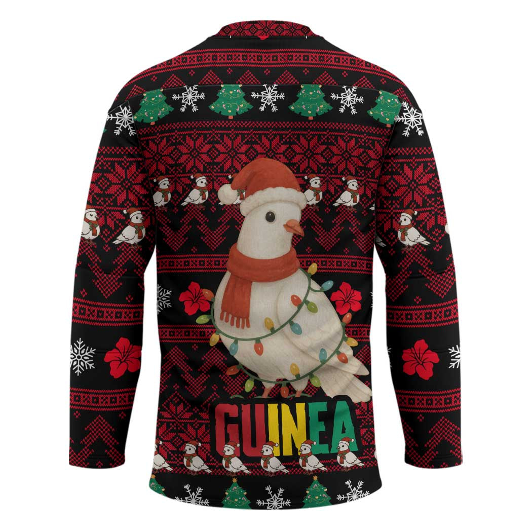 Guinea Christmas Hockey Jersey with Festive Dove String Lights and Red Black Holiday Pattern - Wonder Print Shop