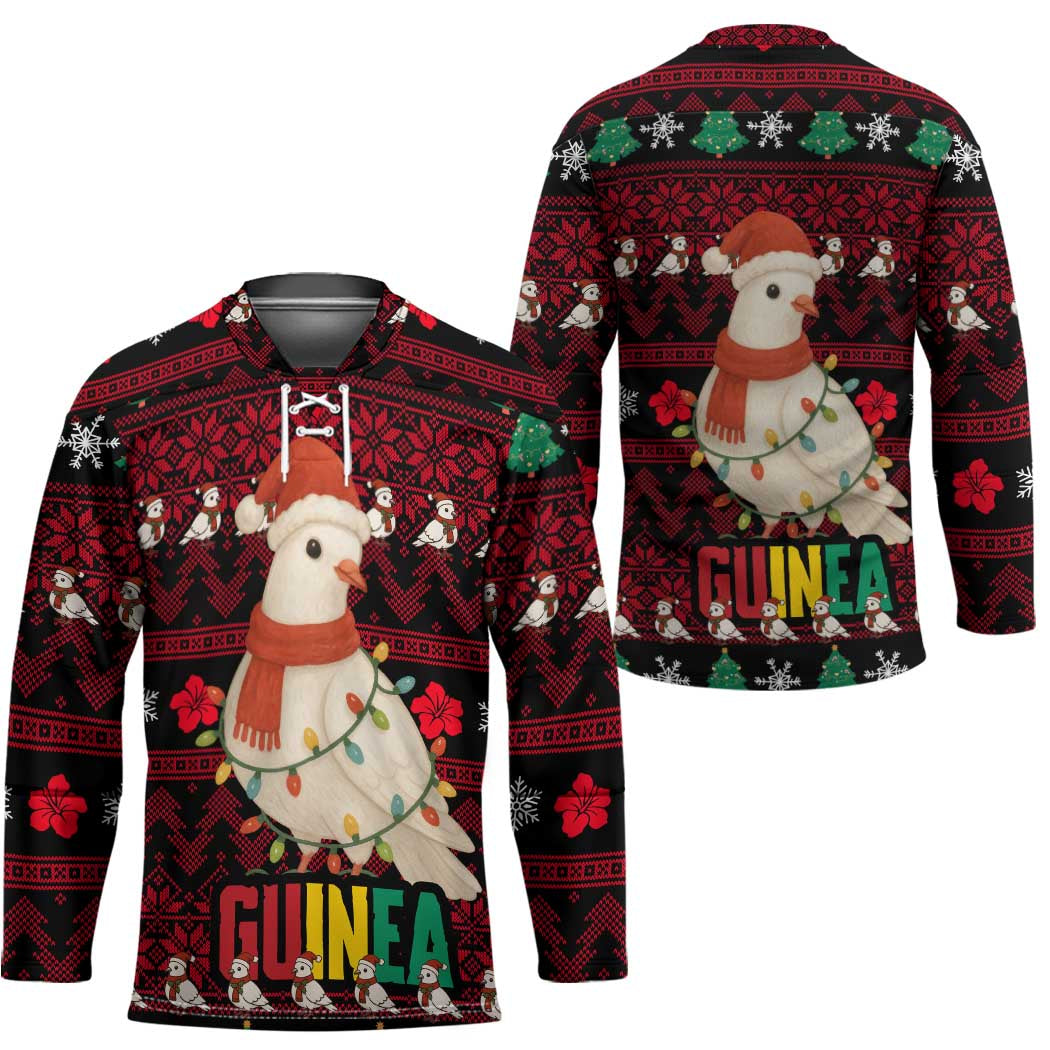 Guinea Christmas Hockey Jersey with Festive Dove String Lights and Red Black Holiday Pattern - Wonder Print Shop