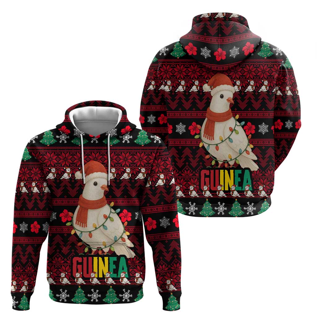 Guinea Christmas Hoodie with Festive Dove String Lights and Red Black Holiday Pattern - Wonder Print Shop