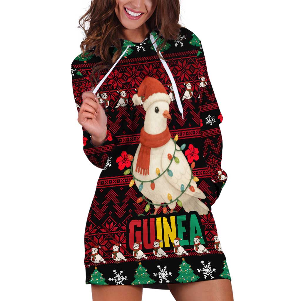Guinea Christmas Hoodie Dress with Festive Dove String Lights and Red Black Holiday Pattern - Wonder Print Shop