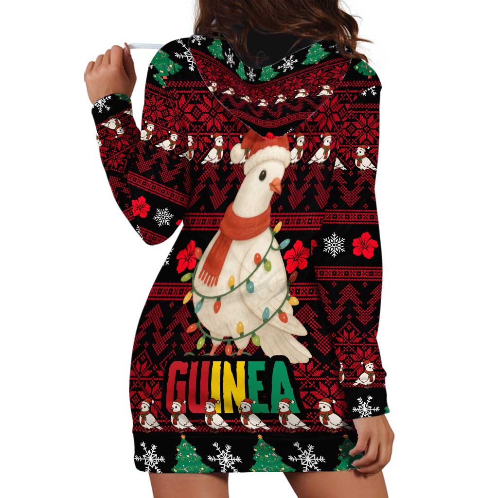 Guinea Christmas Hoodie Dress with Festive Dove String Lights and Red Black Holiday Pattern - Wonder Print Shop