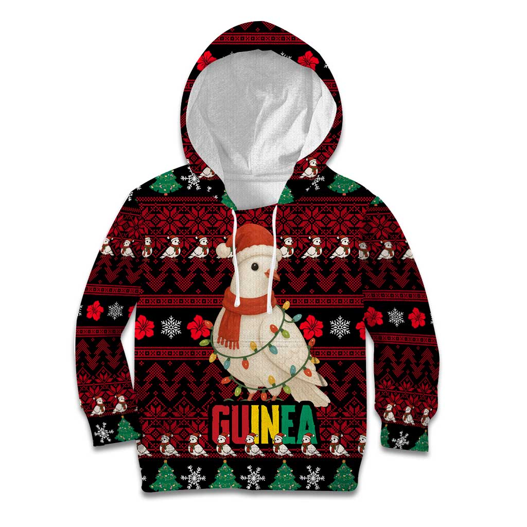 Guinea Christmas Kid Hoodie with Festive Dove String Lights and Red Black Holiday Pattern - Wonder Print Shop
