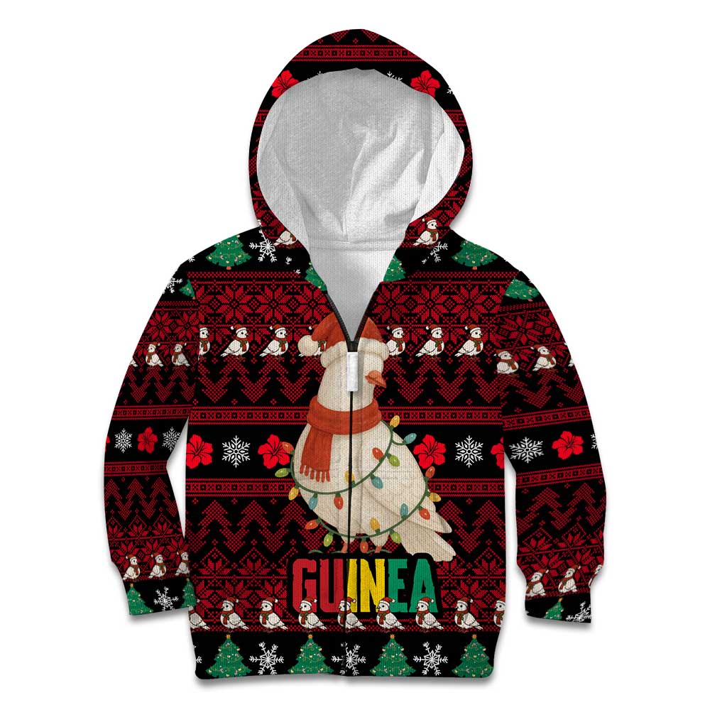 Guinea Christmas Kid Hoodie with Festive Dove String Lights and Red Black Holiday Pattern - Wonder Print Shop
