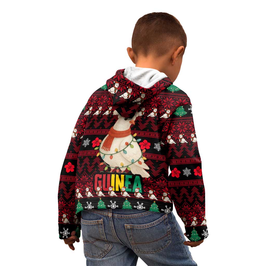 Guinea Christmas Kid Hoodie with Festive Dove String Lights and Red Black Holiday Pattern - Wonder Print Shop