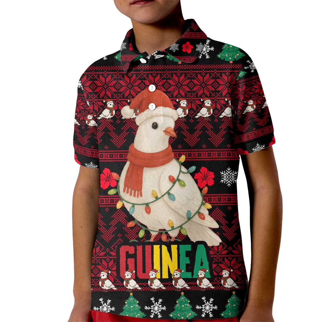 Guinea Christmas Kid Polo Shirt with Festive Dove String Lights and Red Black Holiday Pattern - Wonder Print Shop