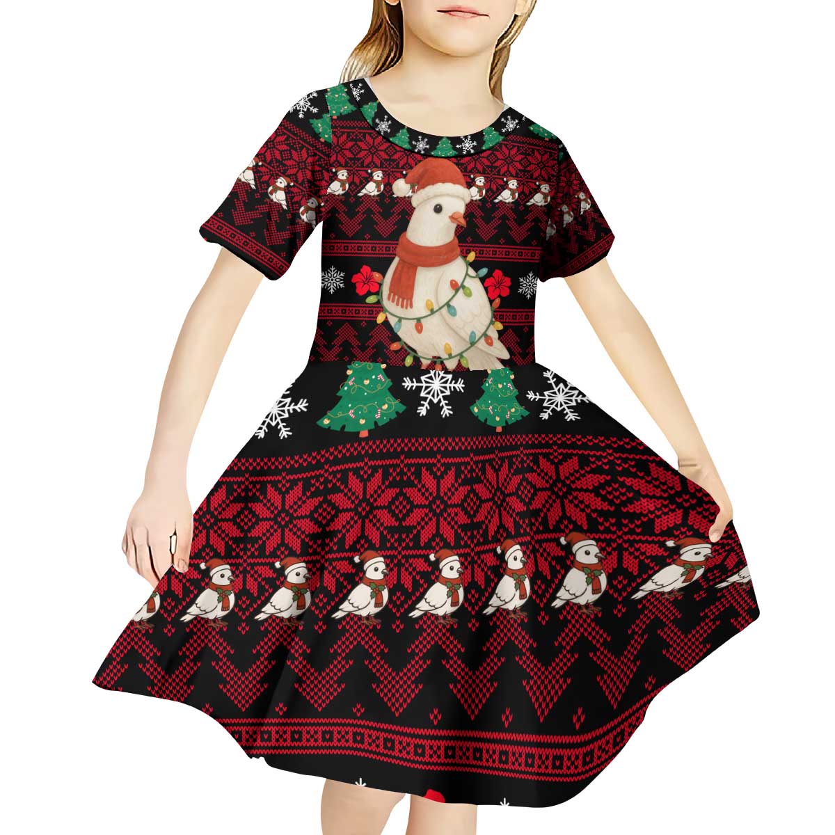 Guinea Christmas Kid Short Sleeve Dress with Festive Dove String Lights and Red Black Holiday Pattern - Wonder Print Shop