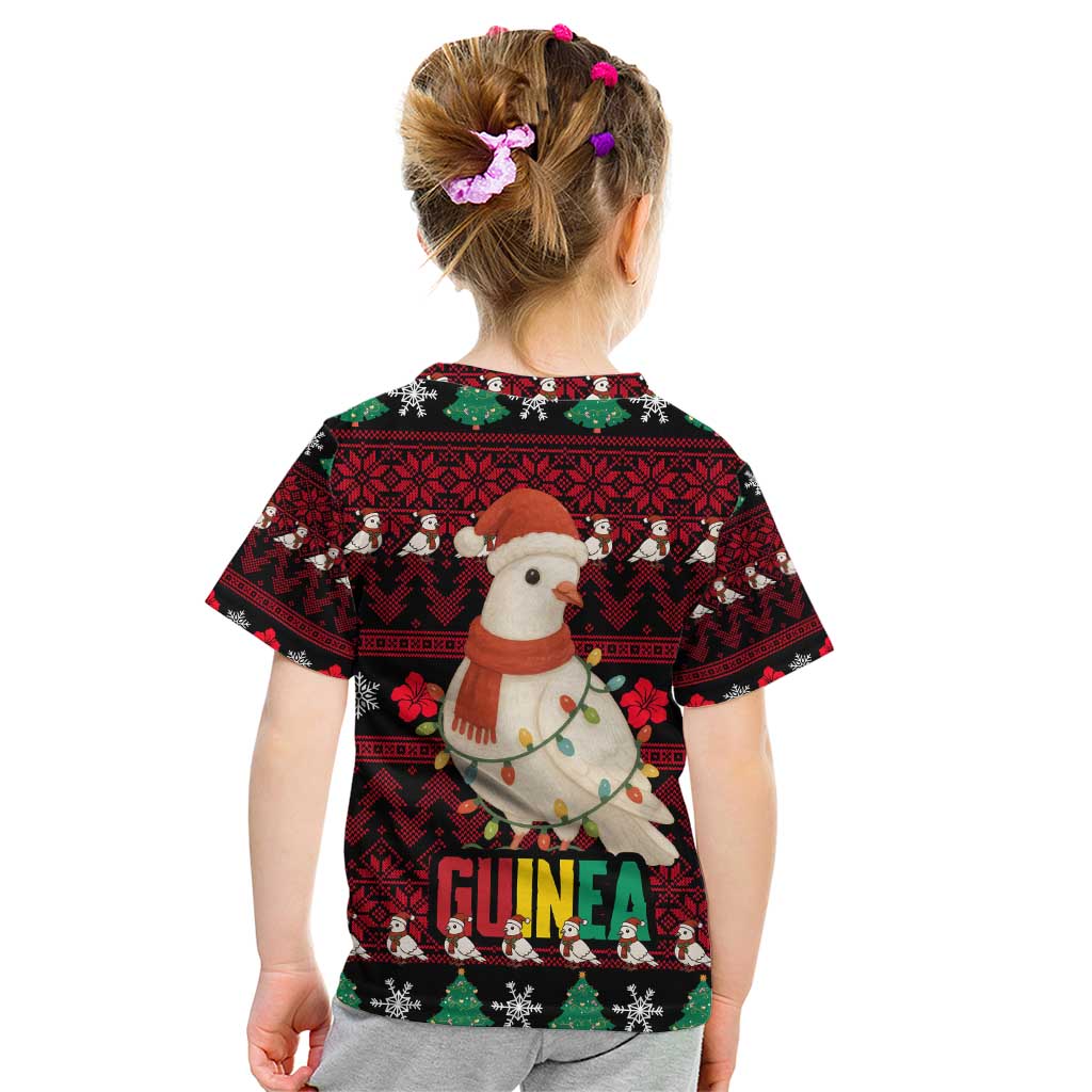 Guinea Christmas Kid T Shirt with Festive Dove String Lights and Red Black Holiday Pattern - Wonder Print Shop