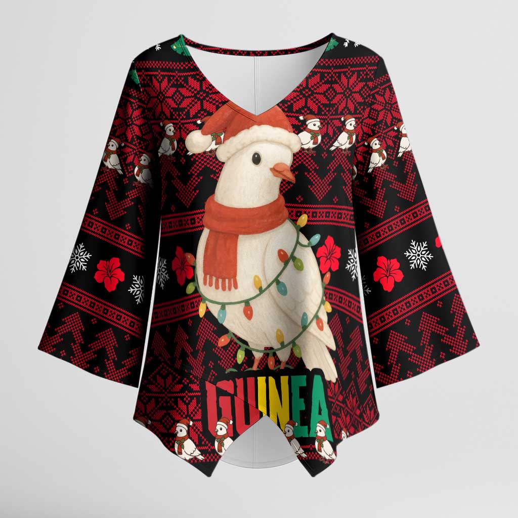 Guinea Christmas Kimono Sleeve Blouse with Festive Dove String Lights and Red Black Holiday Pattern - Wonder Print Shop