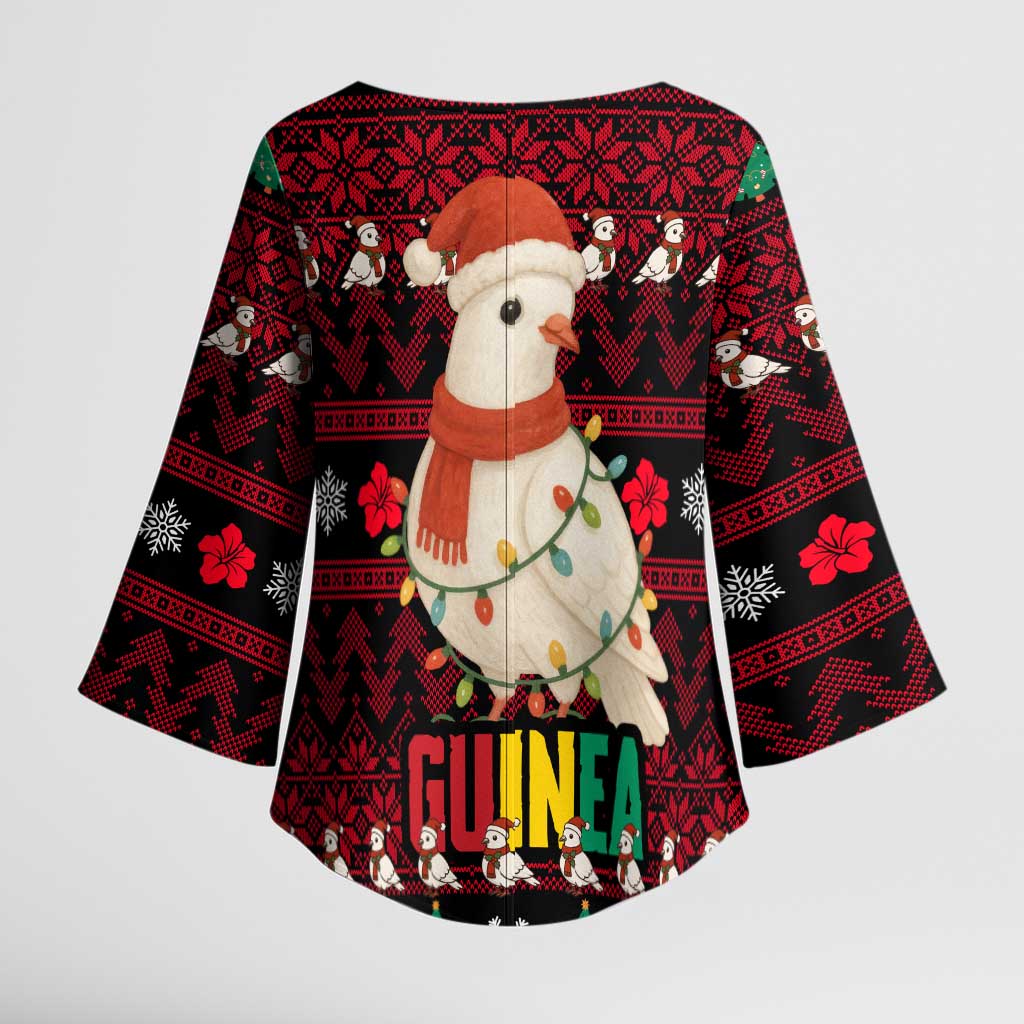 Guinea Christmas Kimono Sleeve Blouse with Festive Dove String Lights and Red Black Holiday Pattern - Wonder Print Shop