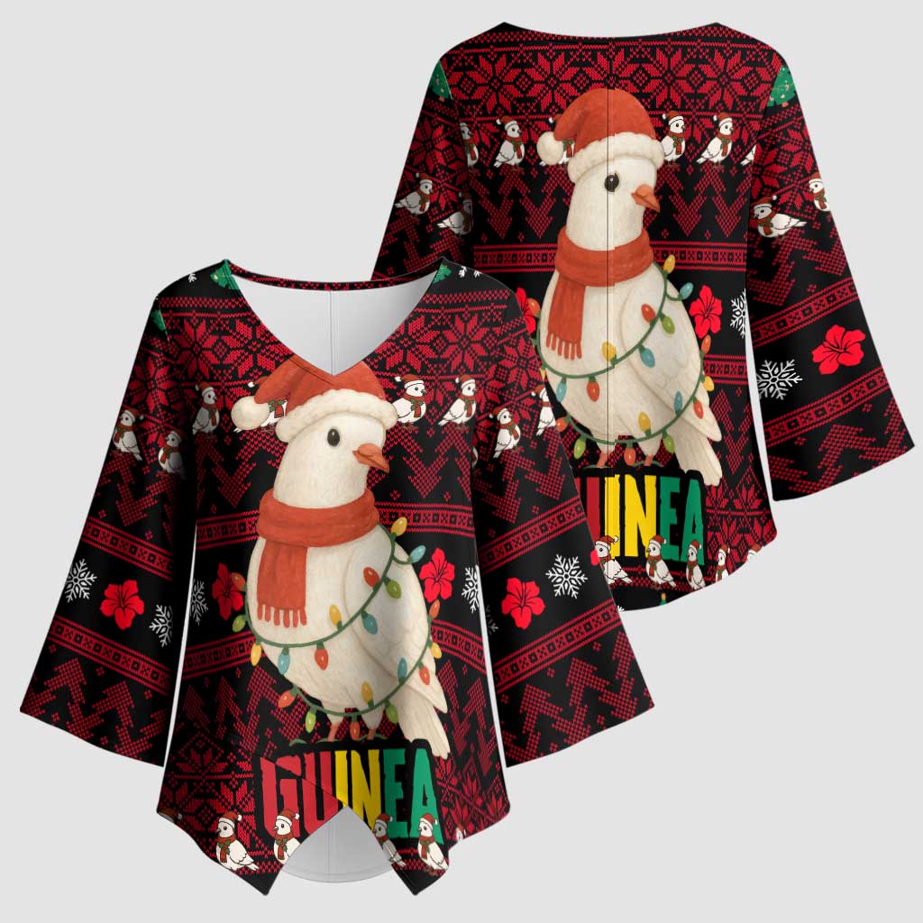 Guinea Christmas Kimono Sleeve Blouse with Festive Dove String Lights and Red Black Holiday Pattern - Wonder Print Shop