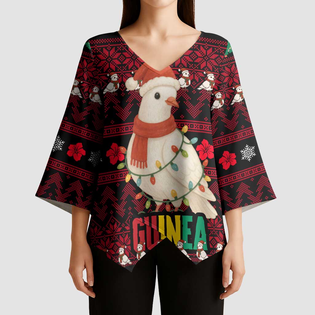 Guinea Christmas Kimono Sleeve Blouse with Festive Dove String Lights and Red Black Holiday Pattern - Wonder Print Shop