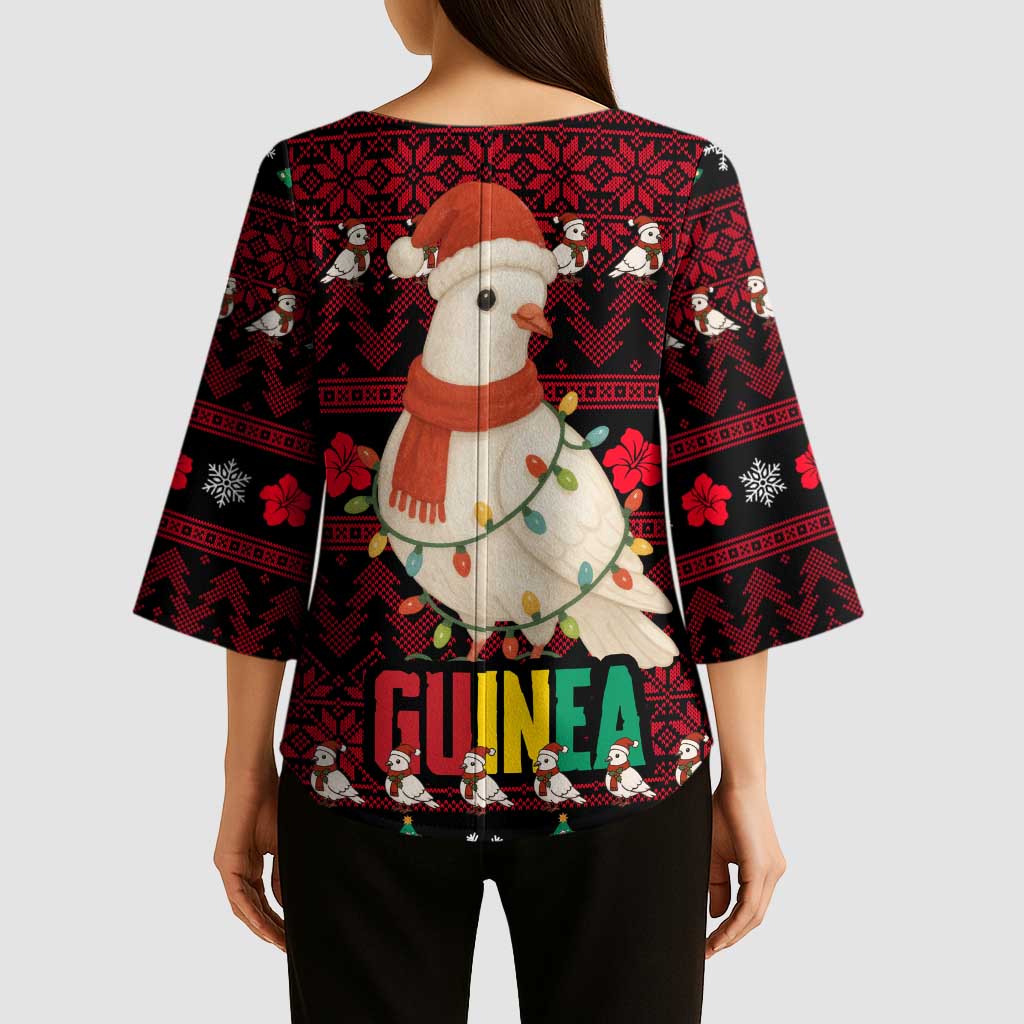 Guinea Christmas Kimono Sleeve Blouse with Festive Dove String Lights and Red Black Holiday Pattern - Wonder Print Shop