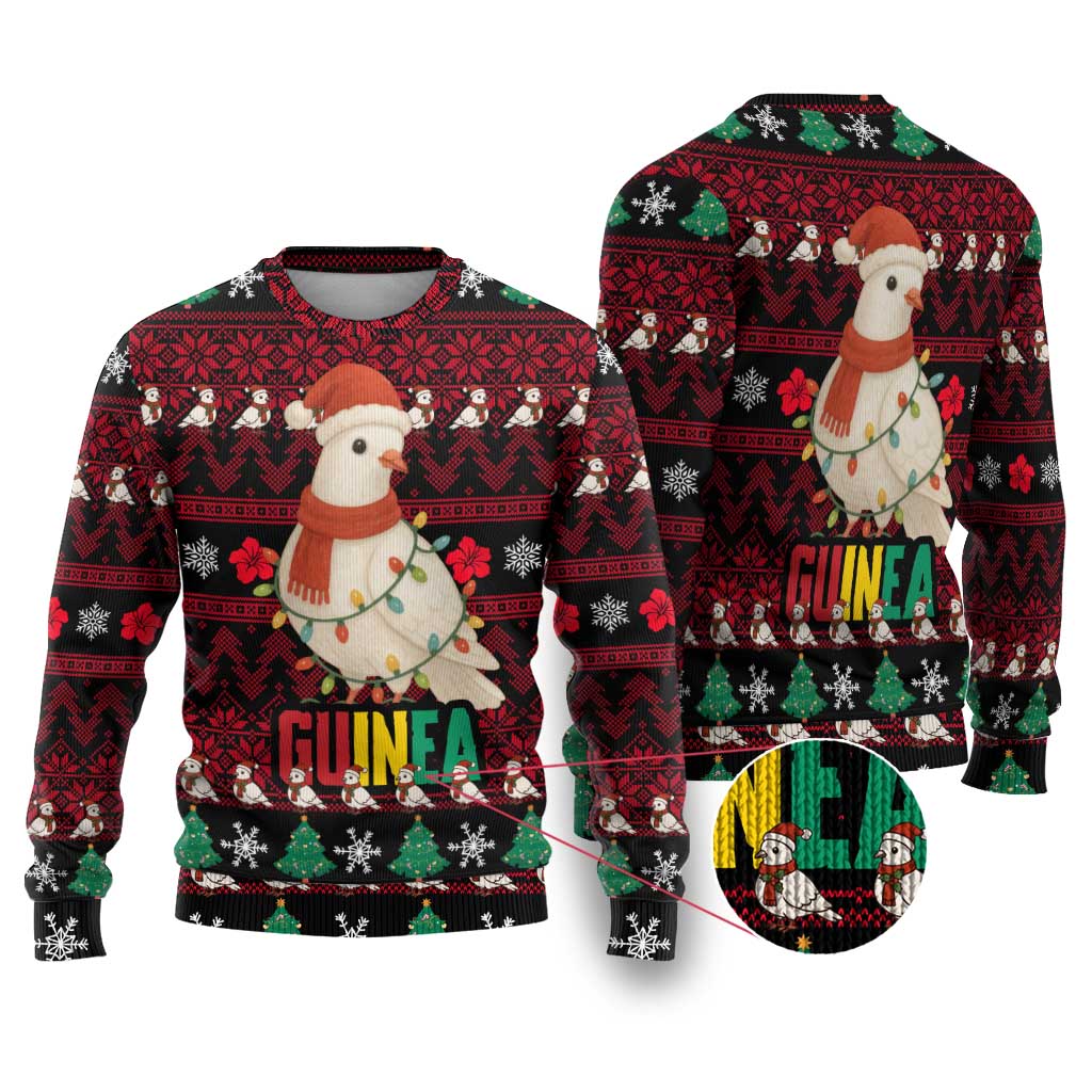 Guinea Christmas Ugly Christmas Sweater with Festive Dove String Lights and Red Black Holiday Pattern - Wonder Print Shop