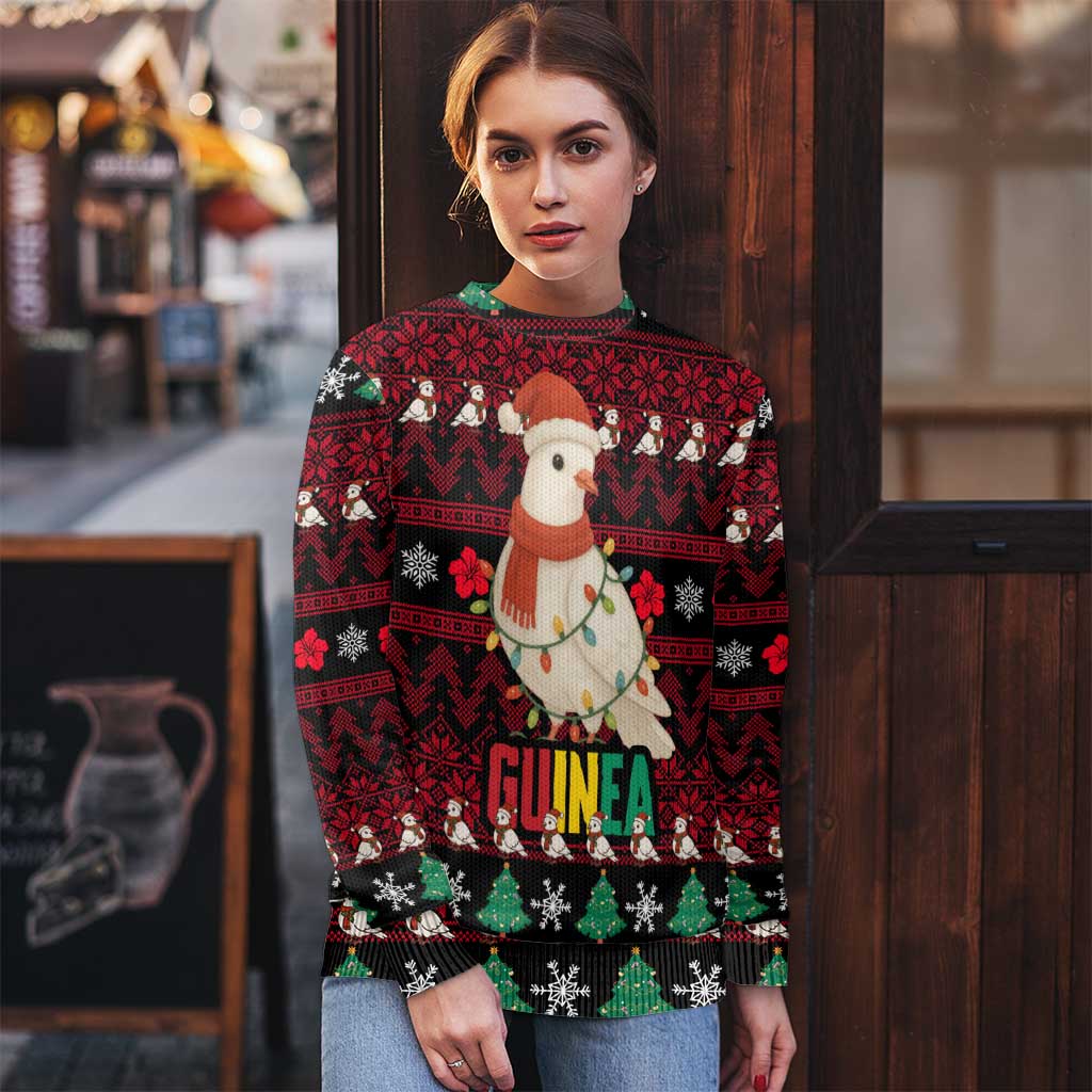 Guinea Christmas Ugly Christmas Sweater with Festive Dove String Lights and Red Black Holiday Pattern - Wonder Print Shop
