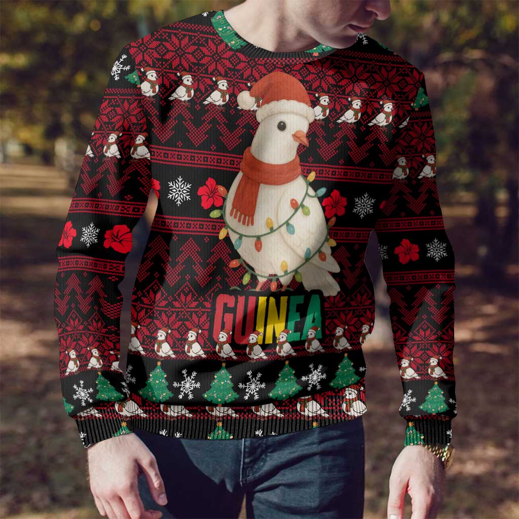 Guinea Christmas Ugly Christmas Sweater with Festive Dove String Lights and Red Black Holiday Pattern - Wonder Print Shop
