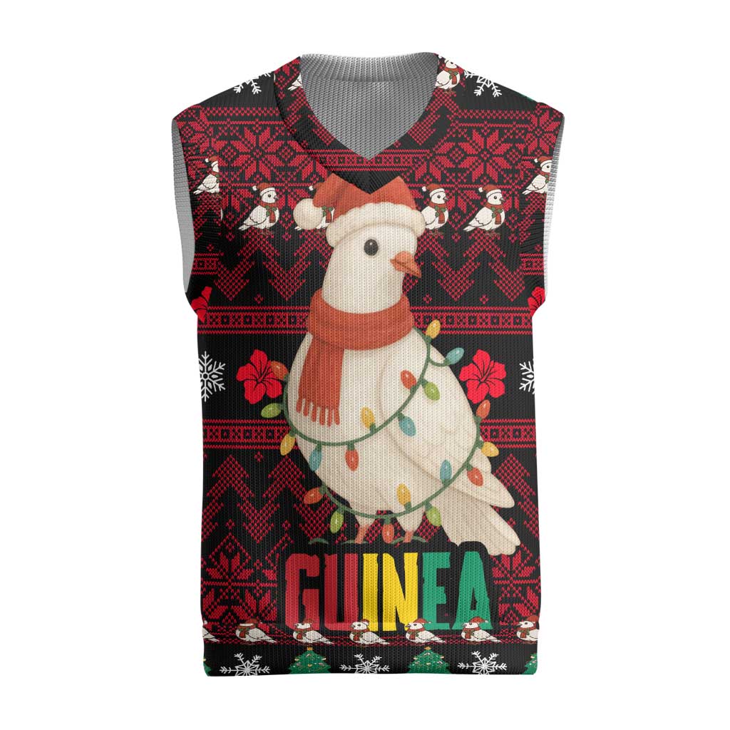 Guinea Christmas Knitted V-Neck Vest with Festive Dove String Lights and Red Black Holiday Pattern - Wonder Print Shop