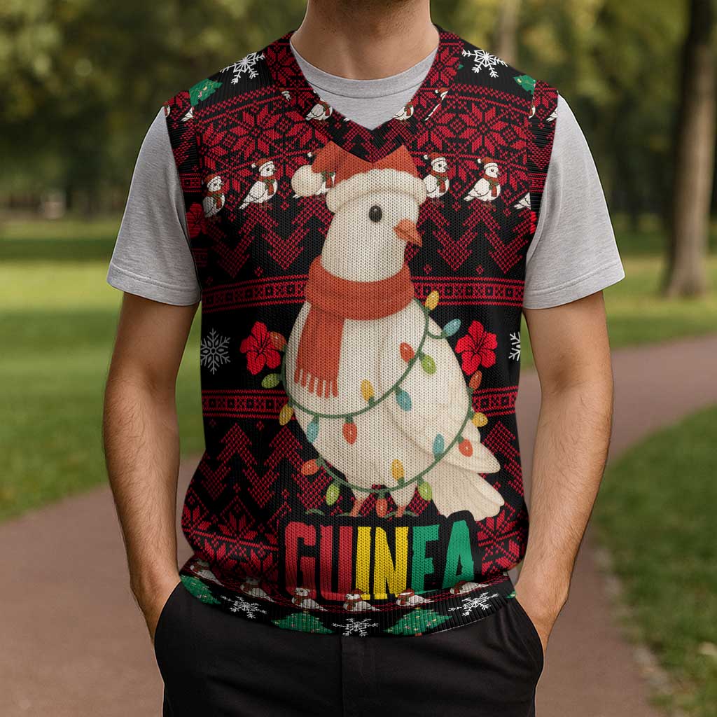 Guinea Christmas Knitted V-Neck Vest with Festive Dove String Lights and Red Black Holiday Pattern - Wonder Print Shop