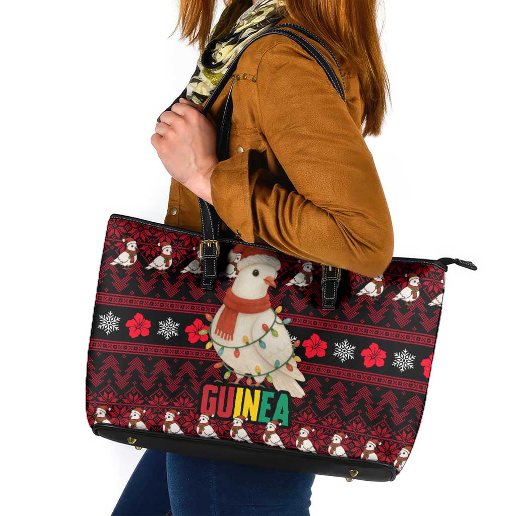 Guinea Christmas Leather Tote Bag with Festive Dove String Lights and Red Black Holiday Pattern - Wonder Print Shop