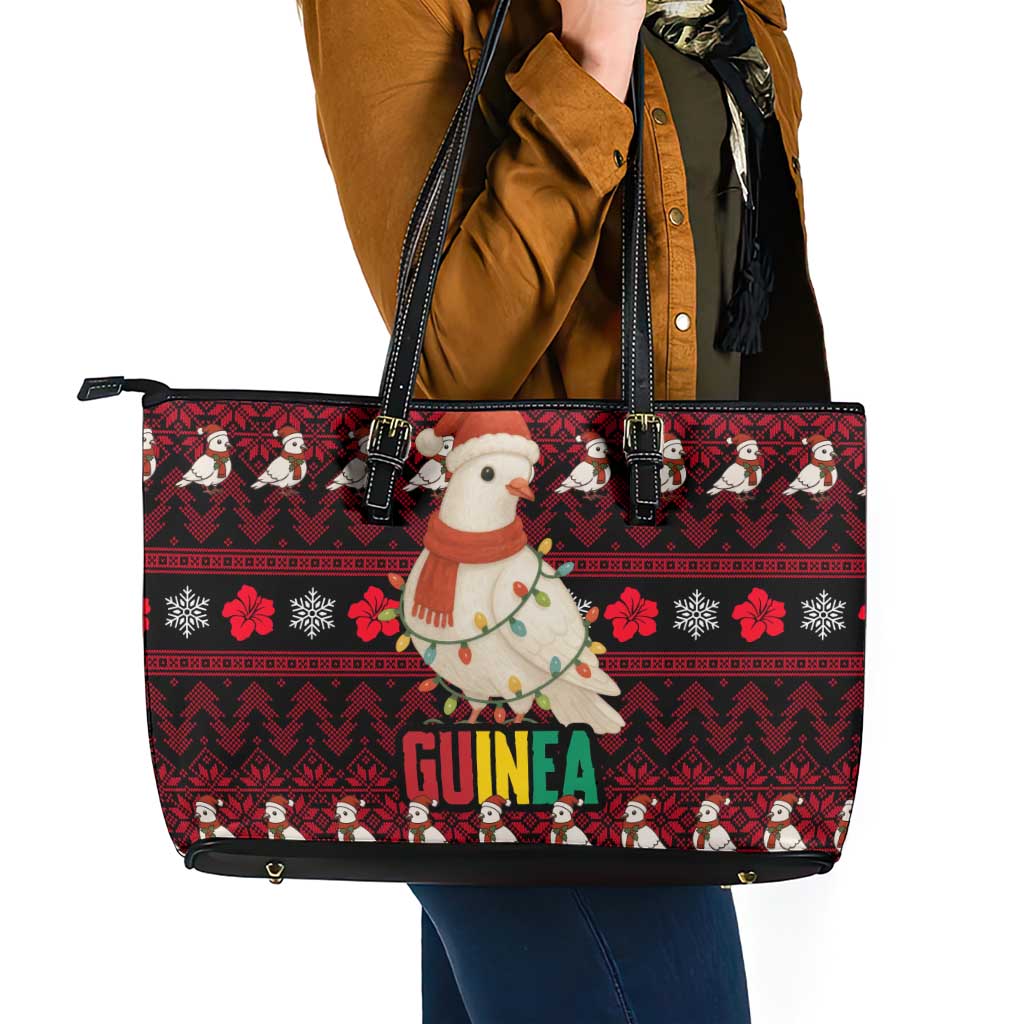 Guinea Christmas Leather Tote Bag with Festive Dove String Lights and Red Black Holiday Pattern - Wonder Print Shop