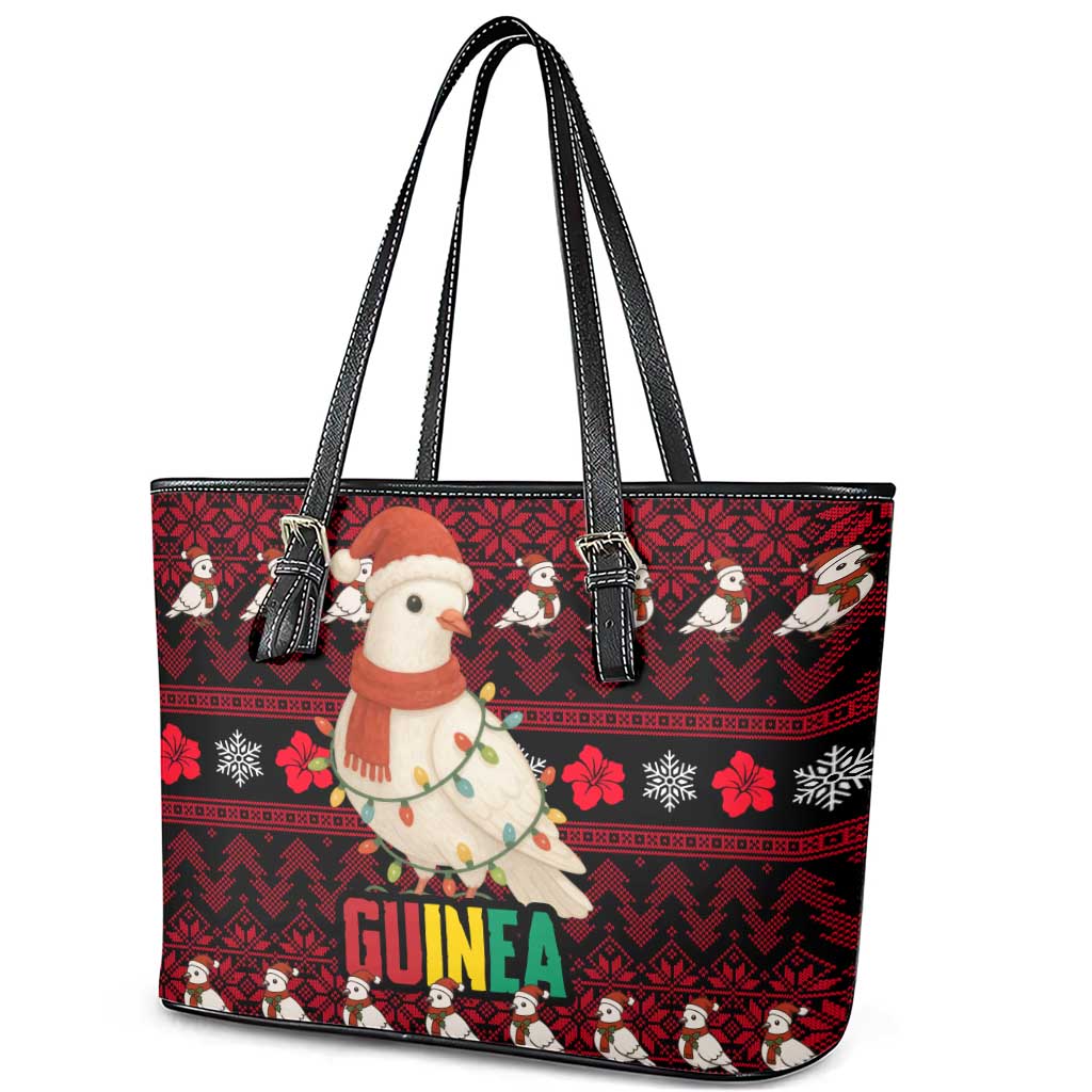 Guinea Christmas Leather Tote Bag with Festive Dove String Lights and Red Black Holiday Pattern - Wonder Print Shop