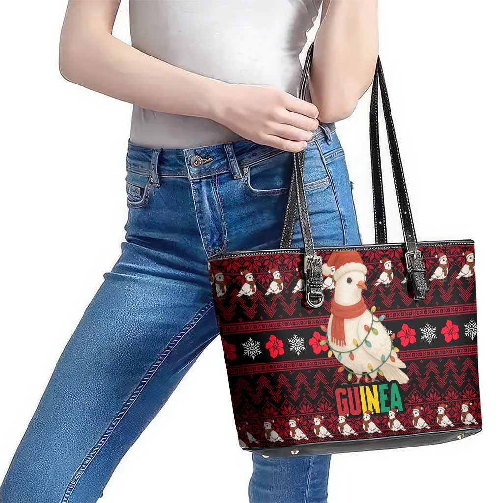 Guinea Christmas Leather Tote Bag with Festive Dove String Lights and Red Black Holiday Pattern - Wonder Print Shop