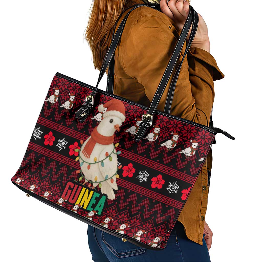 Guinea Christmas Leather Tote Bag with Festive Dove String Lights and Red Black Holiday Pattern - Wonder Print Shop