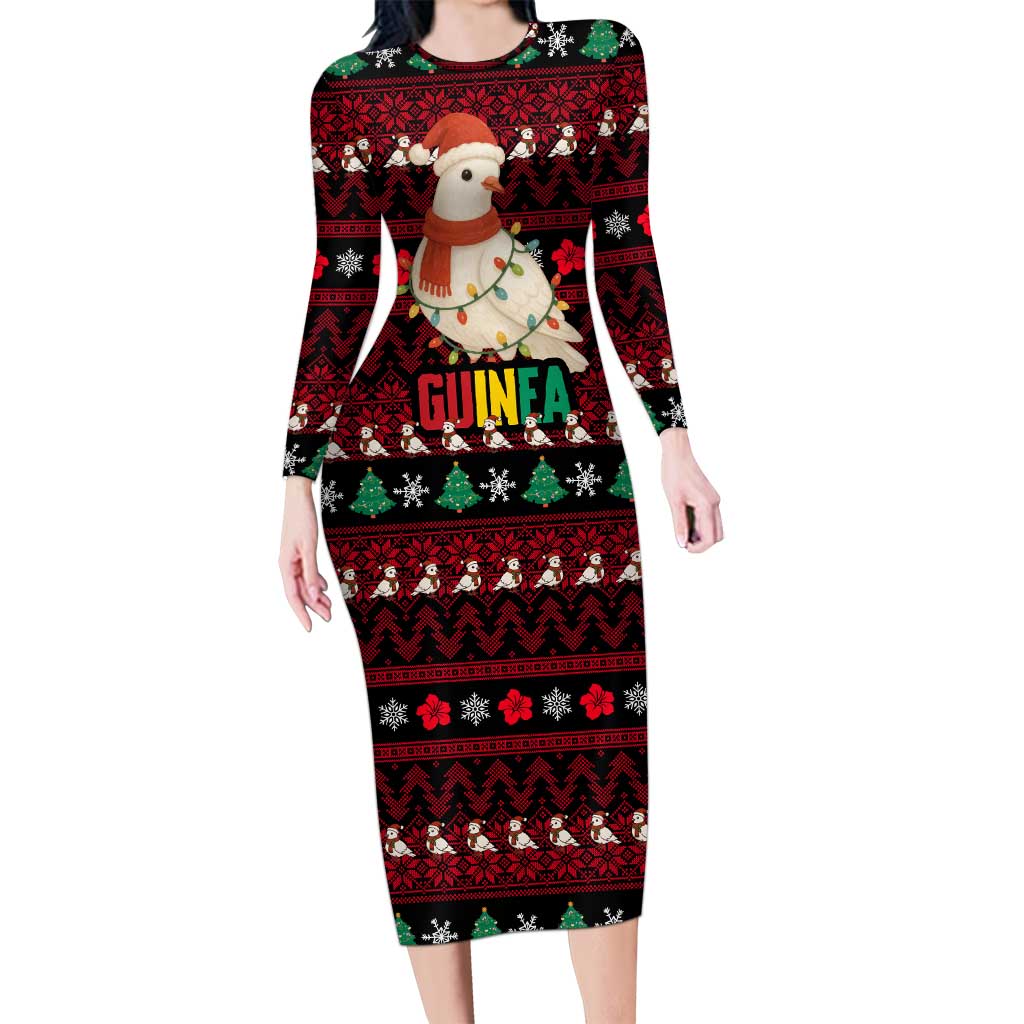 Guinea Christmas Long Sleeve Bodycon Dress with Festive Dove String Lights and Red Black Holiday Pattern - Wonder Print Shop