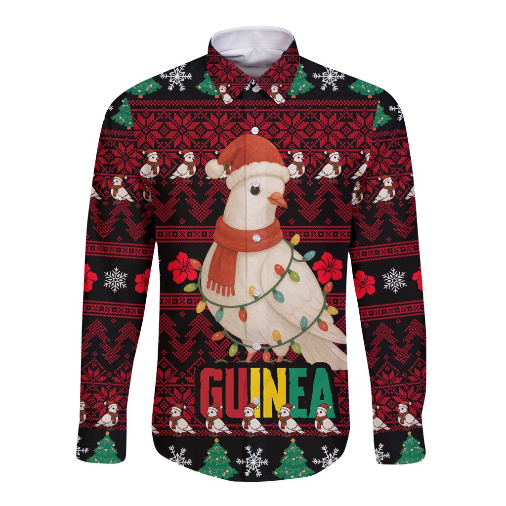 Guinea Christmas Long Sleeve Button Shirt with Festive Dove String Lights and Red Black Holiday Pattern - Wonder Print Shop