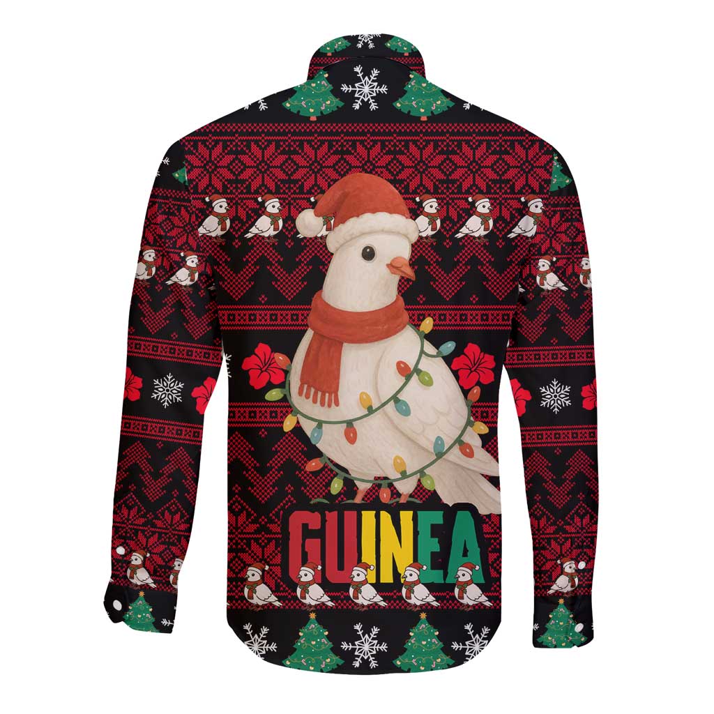 Guinea Christmas Long Sleeve Button Shirt with Festive Dove String Lights and Red Black Holiday Pattern - Wonder Print Shop