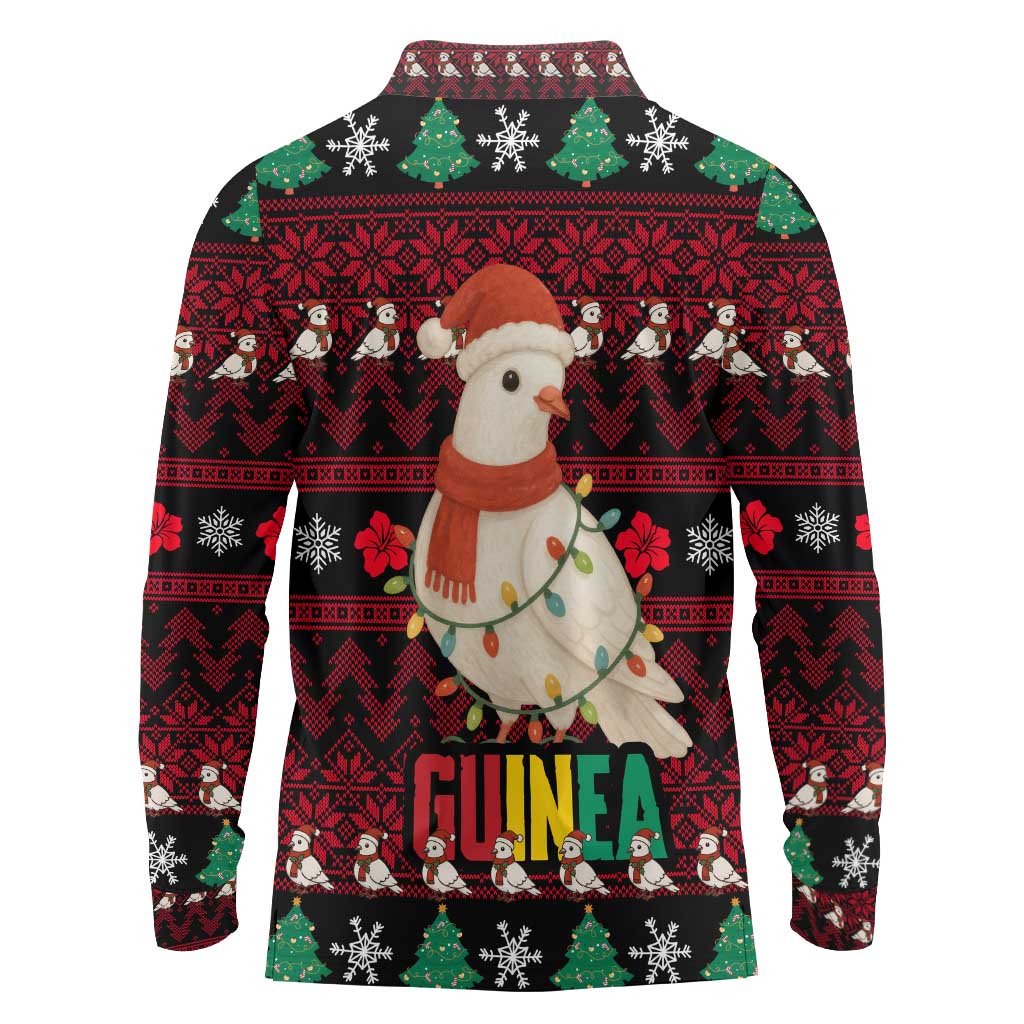 Guinea Christmas Long Sleeve Polo Shirt with Festive Dove String Lights and Red Black Holiday Pattern - Wonder Print Shop