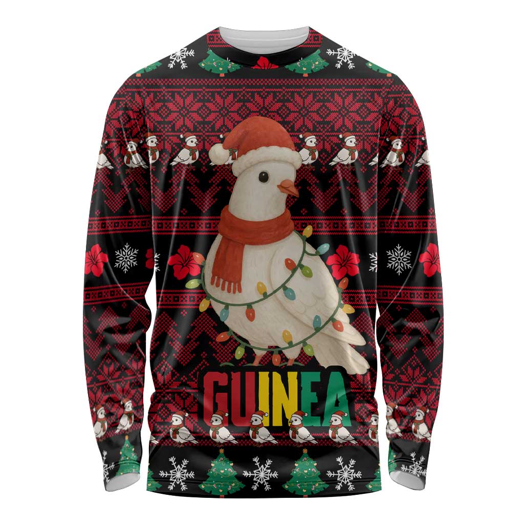 Guinea Christmas Long Sleeve Shirt with Festive Dove String Lights and Red Black Holiday Pattern - Wonder Print Shop
