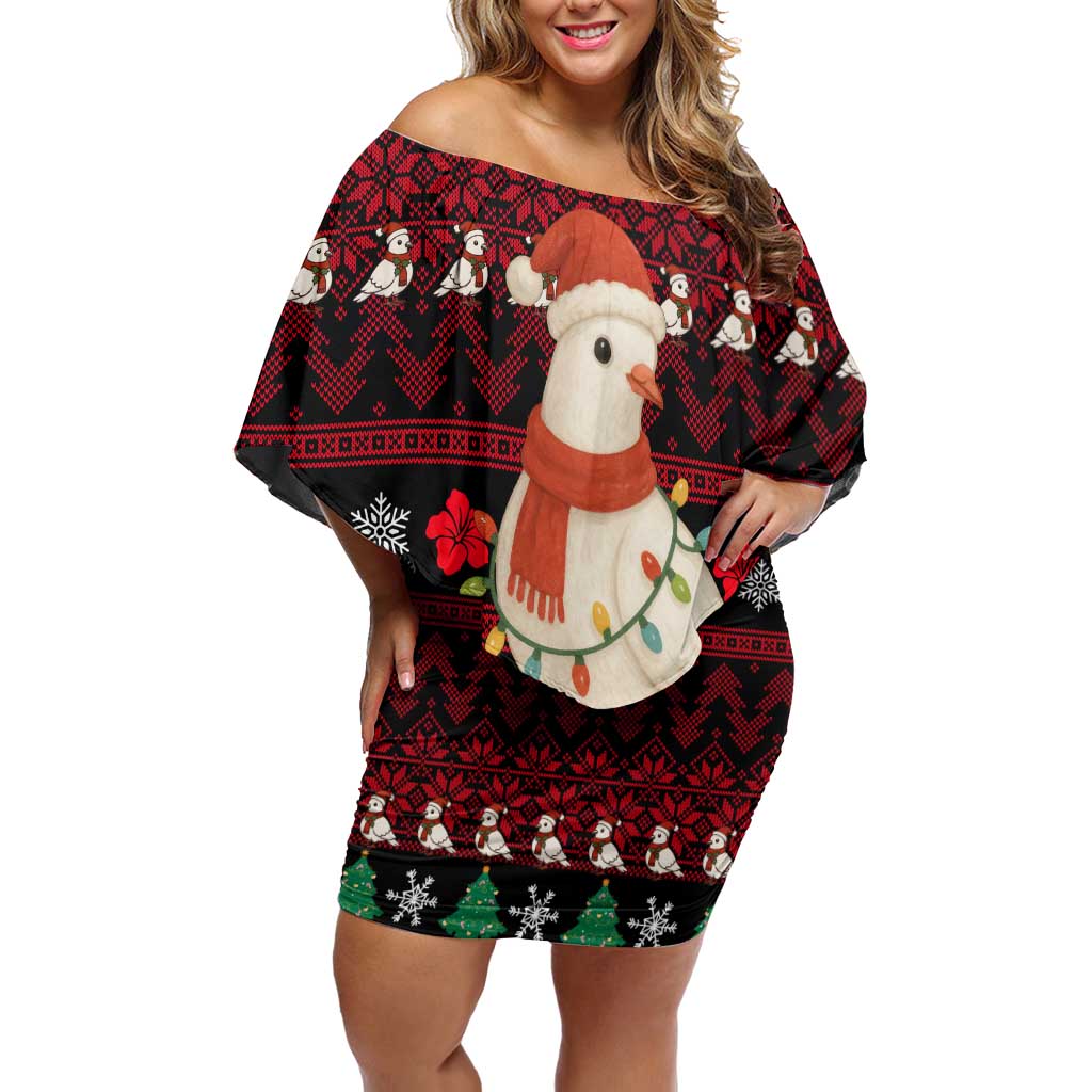 Guinea Christmas Off Shoulder Short Dress with Festive Dove String Lights and Red Black Holiday Pattern - Wonder Print Shop