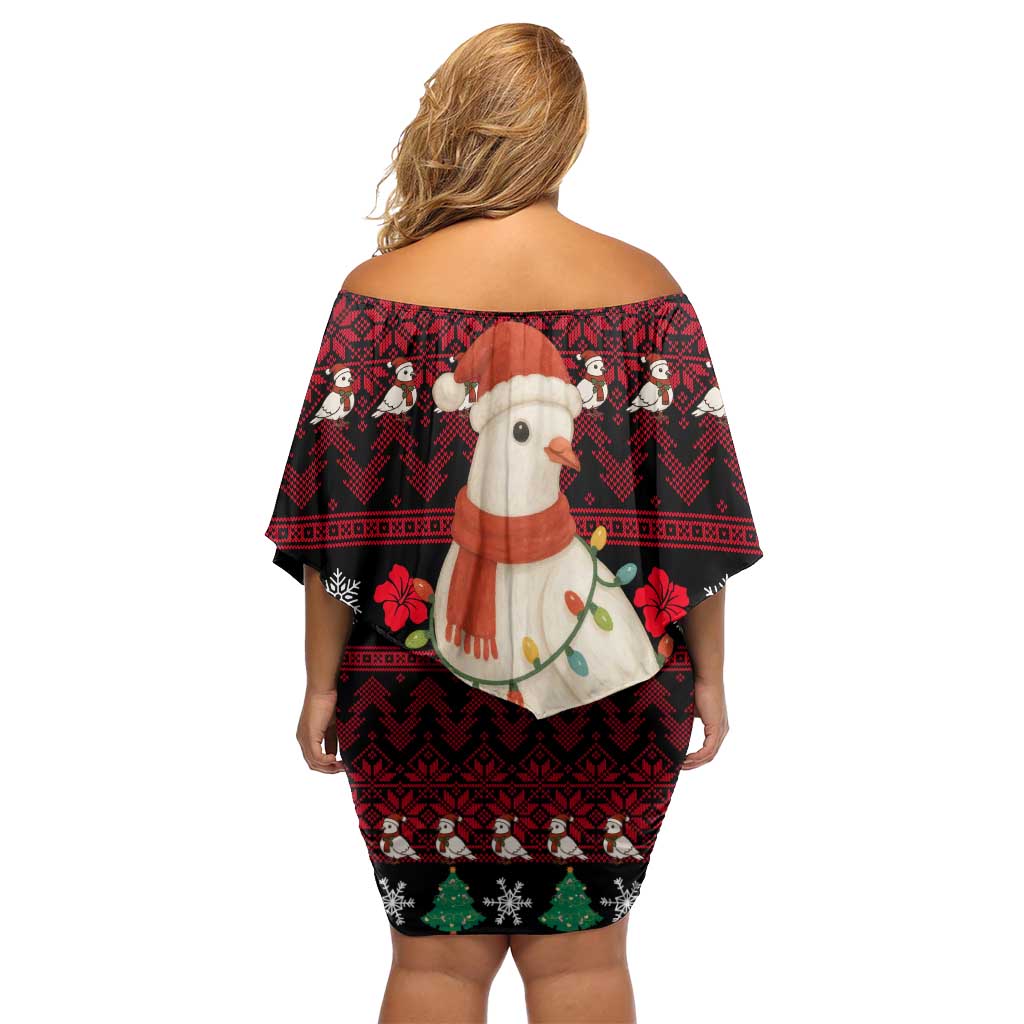 Guinea Christmas Off Shoulder Short Dress with Festive Dove String Lights and Red Black Holiday Pattern - Wonder Print Shop