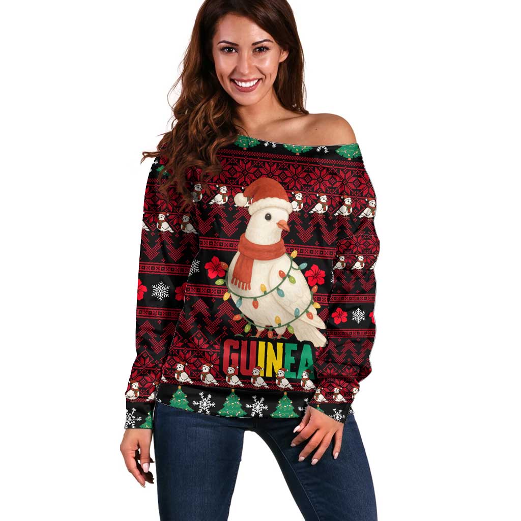 Guinea Christmas Off Shoulder Sweater with Festive Dove String Lights and Red Black Holiday Pattern - Wonder Print Shop
