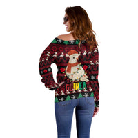 Guinea Christmas Off Shoulder Sweater with Festive Dove String Lights and Red Black Holiday Pattern - Wonder Print Shop