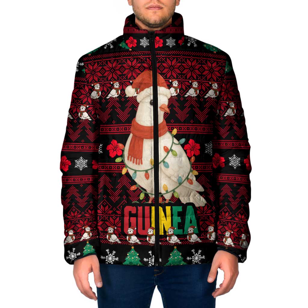 Guinea Christmas Padded Jacket with Festive Dove String Lights and Red Black Holiday Pattern - Wonder Print Shop