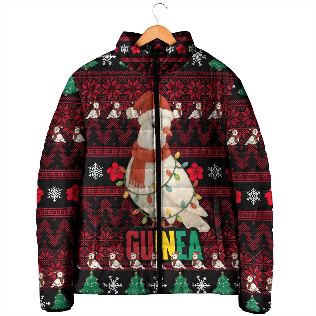Guinea Christmas Padded Jacket with Festive Dove String Lights and Red Black Holiday Pattern - Wonder Print Shop