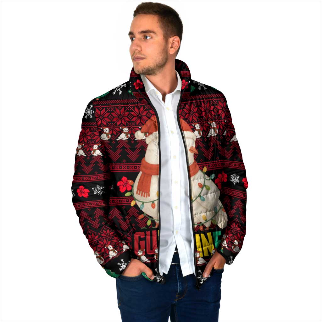 Guinea Christmas Padded Jacket with Festive Dove String Lights and Red Black Holiday Pattern - Wonder Print Shop