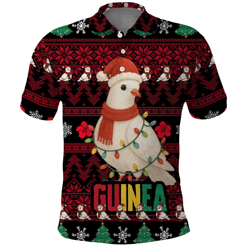 Guinea Christmas Polo Shirt with Festive Dove String Lights and Red Black Holiday Pattern - Wonder Print Shop