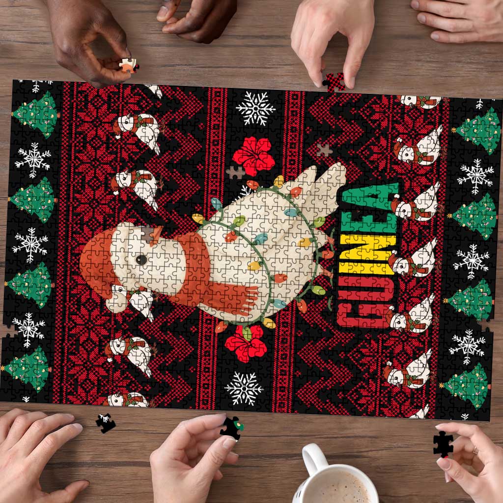Guinea Christmas Puzzle with Festive Dove String Lights and Red Black Holiday Pattern - Wonder Print Shop