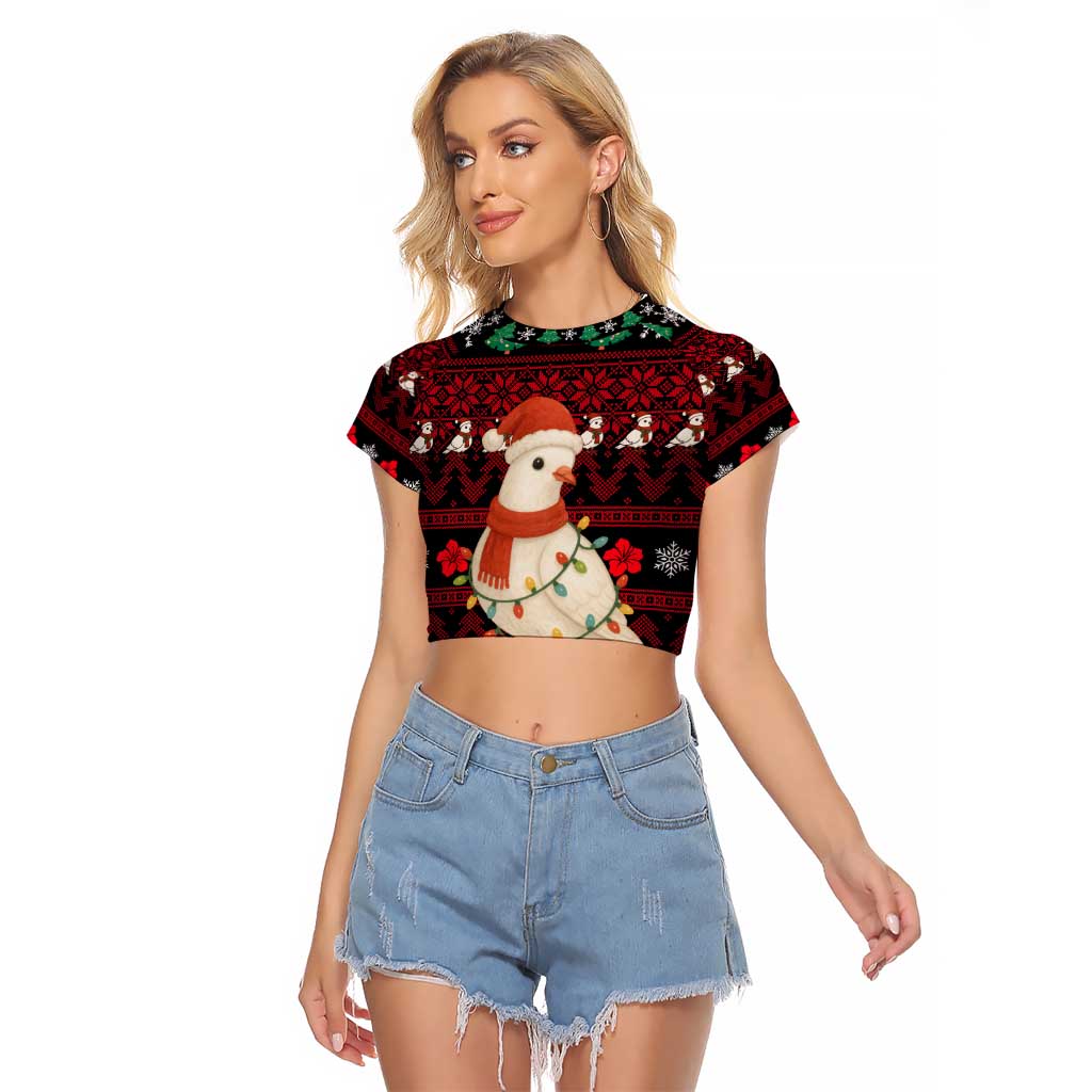 Guinea Christmas Raglan Cropped T Shirt with Festive Dove String Lights and Red Black Holiday Pattern - Wonder Print Shop
