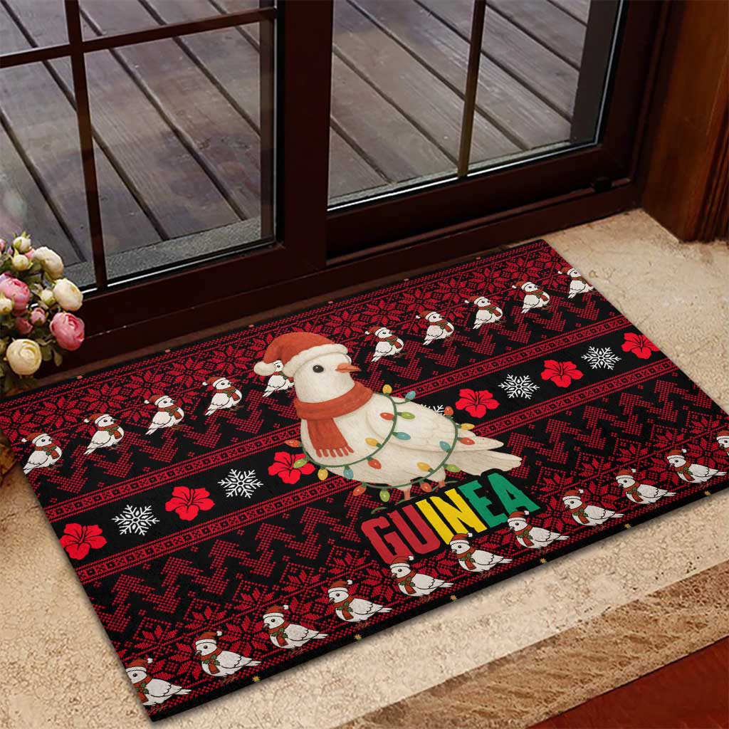 Guinea Christmas Rubber Doormat with Festive Dove String Lights and Red Black Holiday Pattern - Wonder Print Shop