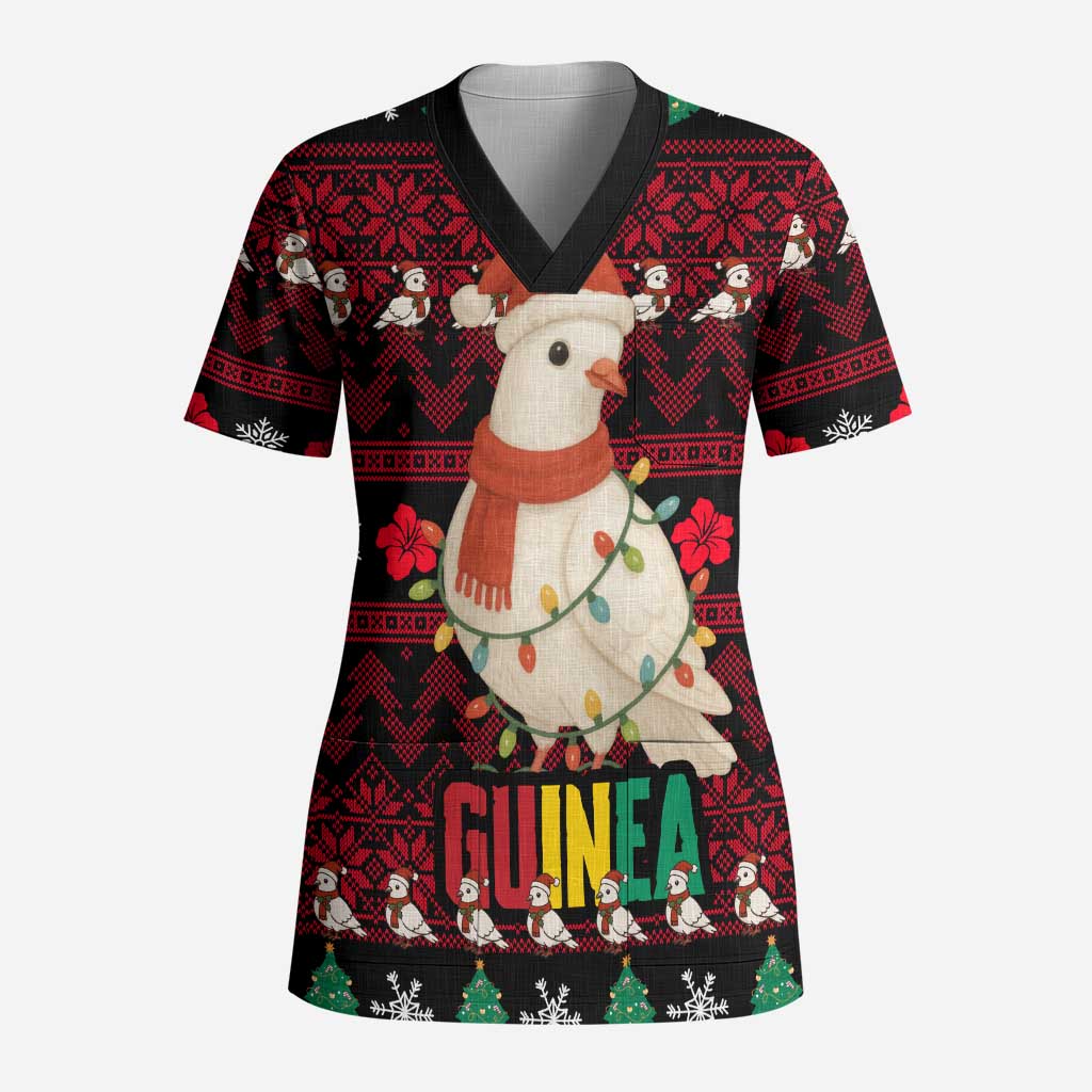 Guinea Christmas Scrub Top with Festive Dove String Lights and Red Black Holiday Pattern - Wonder Print Shop