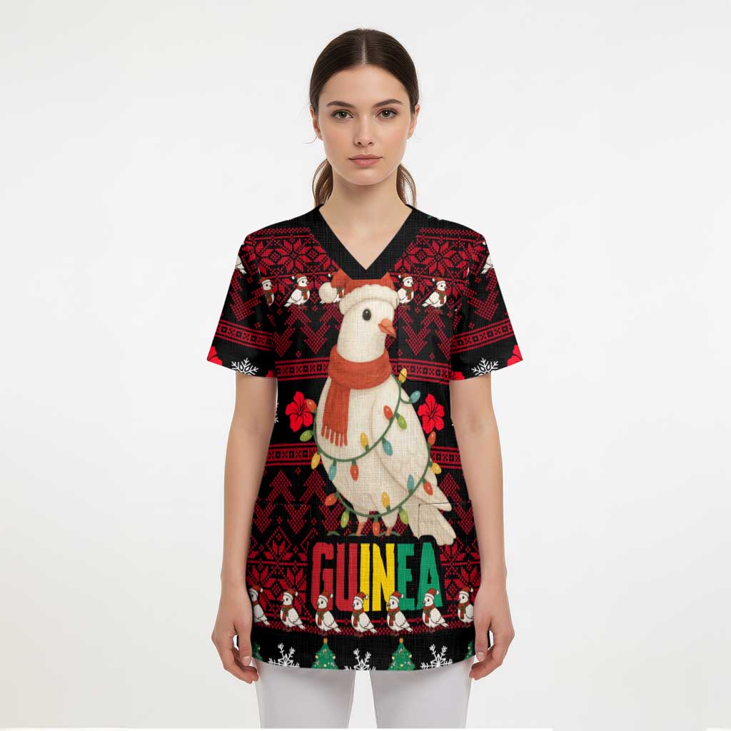Guinea Christmas Scrub Top with Festive Dove String Lights and Red Black Holiday Pattern - Wonder Print Shop
