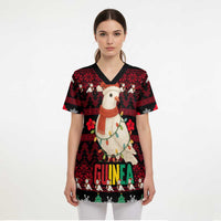 Guinea Christmas Scrub Top with Festive Dove String Lights and Red Black Holiday Pattern - Wonder Print Shop