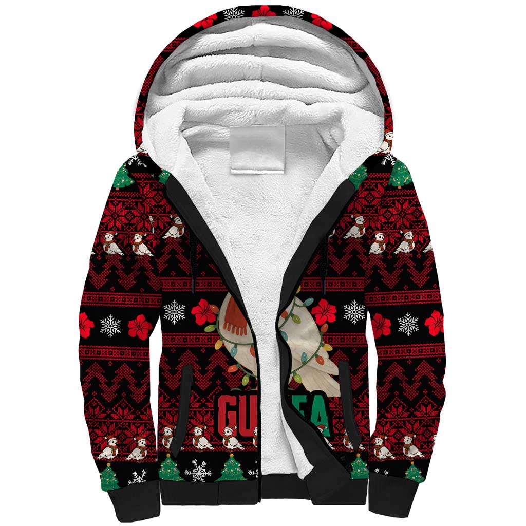 Guinea Christmas Sherpa Hoodie with Festive Dove String Lights and Red Black Holiday Pattern - Wonder Print Shop