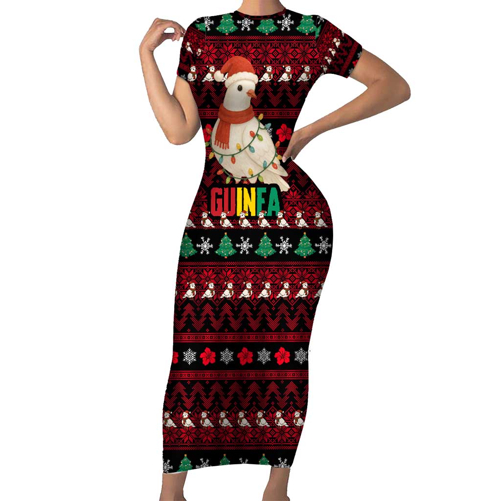 Guinea Christmas Short Sleeve Bodycon Dress with Festive Dove String Lights and Red Black Holiday Pattern - Wonder Print Shop